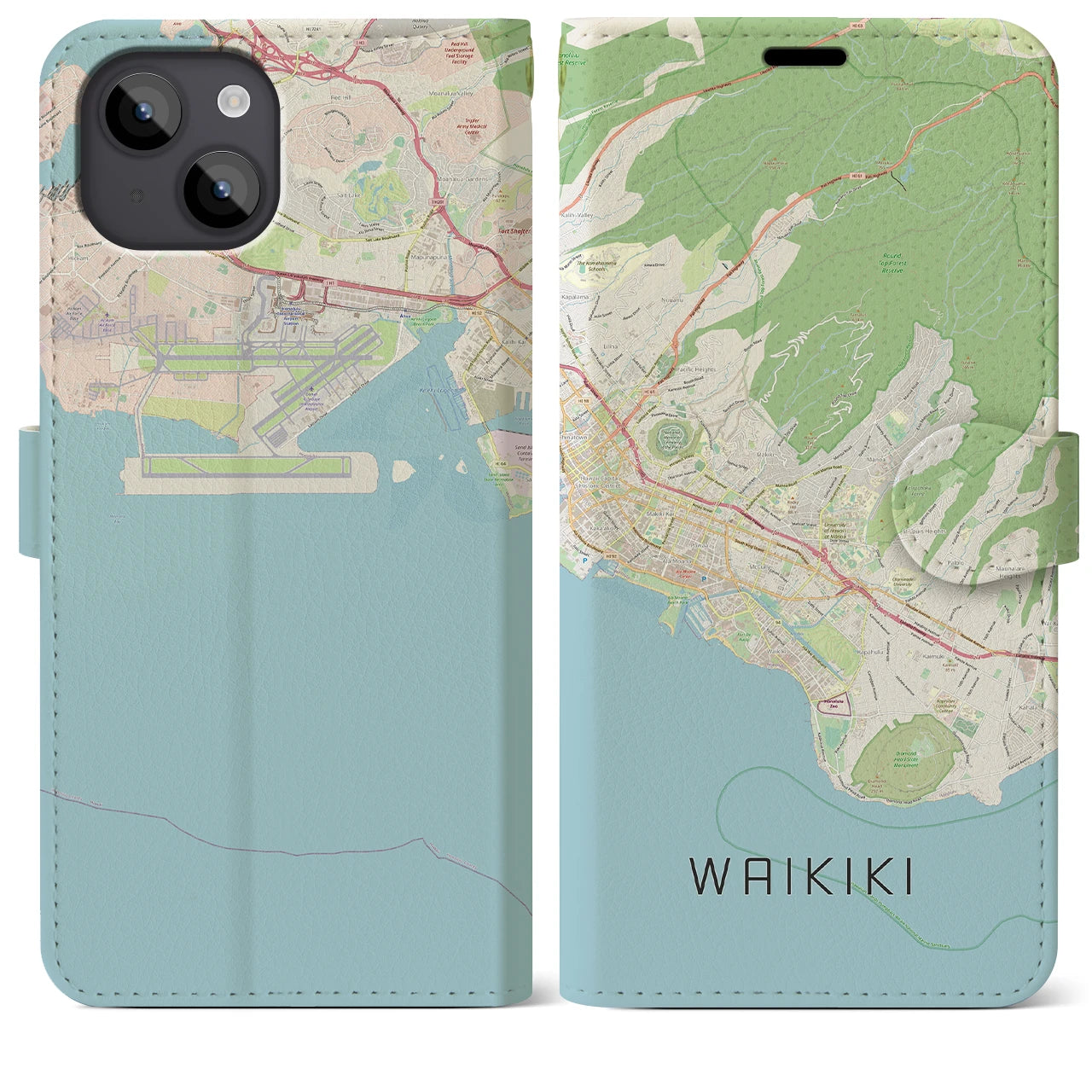 【ワイキキ2】地図柄iPhoneケース（手帳両面タイプ・ナチュラル）iPhone 14 Plus 用