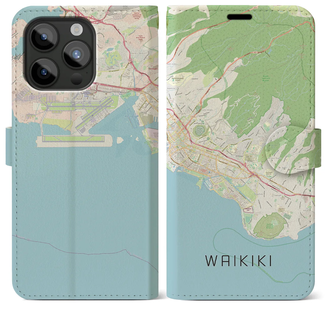 【ワイキキ2】地図柄iPhoneケース（手帳両面タイプ・ナチュラル）iPhone 15 Pro Max 用