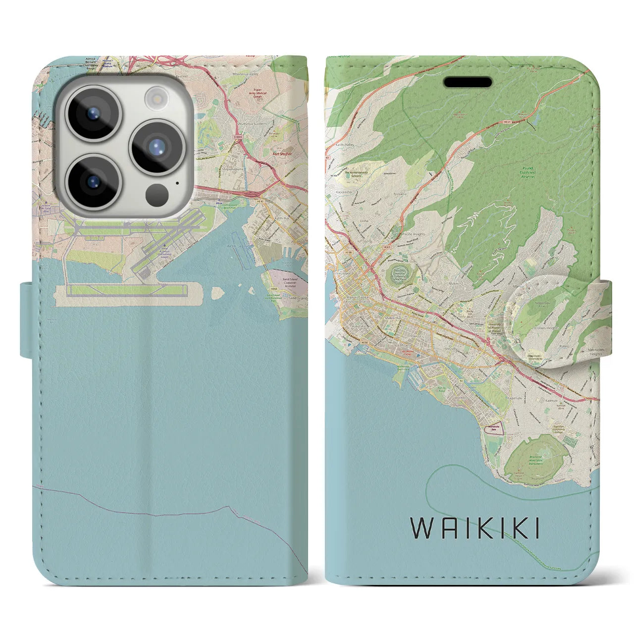 【ワイキキ2】地図柄iPhoneケース（手帳両面タイプ・ナチュラル）iPhone 15 Pro 用