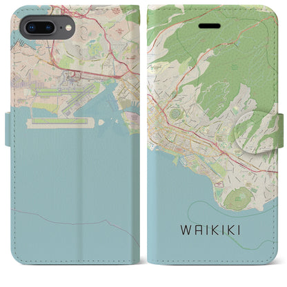 【ワイキキ2（アメリカ）】地図柄iPhoneケース（手帳タイプ）ナチュラル・iPhone 8Plus /7Plus / 6sPlus / 6Plus 用