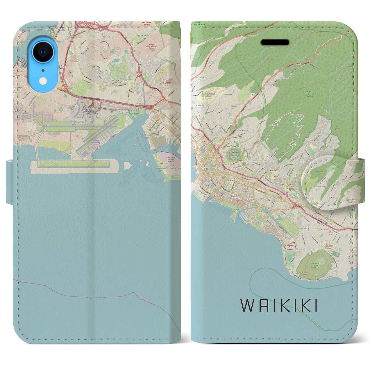 【ワイキキ2】地図柄iPhoneケース（手帳両面タイプ・ナチュラル）iPhone XR 用