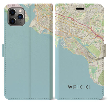 【ワイキキ（アメリカ）】地図柄iPhoneケース（手帳タイプ）ナチュラル・iPhone 11 Pro Max 用