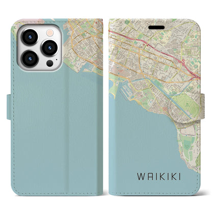 【ワイキキ（アメリカ）】地図柄iPhoneケース（手帳タイプ）ナチュラル・iPhone 13 Pro 用