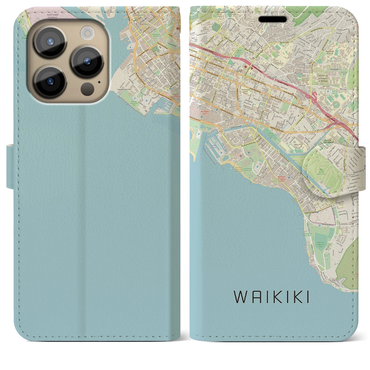 【ワイキキ】地図柄iPhoneケース（手帳両面タイプ・ナチュラル）iPhone 14 Pro Max 用