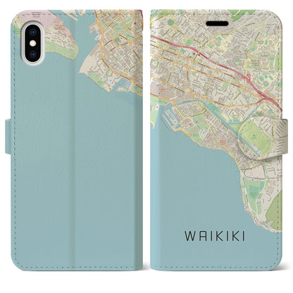 【ワイキキ（アメリカ）】地図柄iPhoneケース（手帳タイプ）ナチュラル・iPhone XS Max 用
