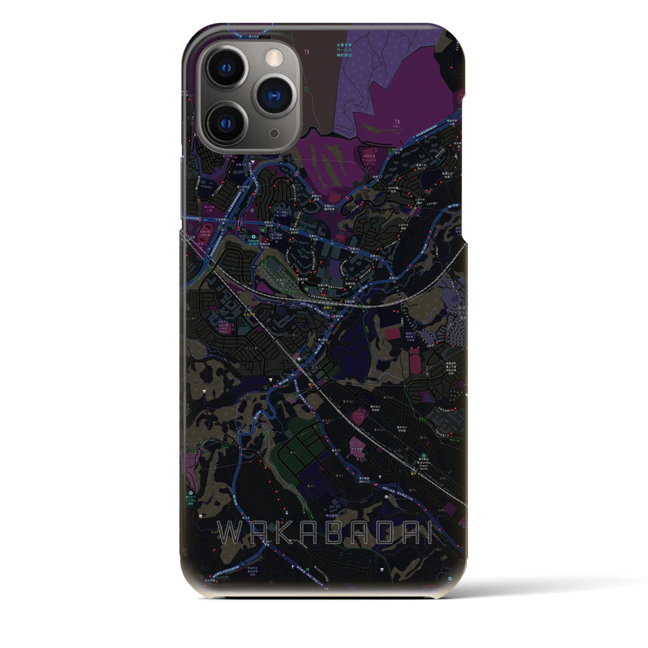 【若葉台】地図柄iPhoneケース（バックカバータイプ・ブラック）iPhone 11 Pro Max 用