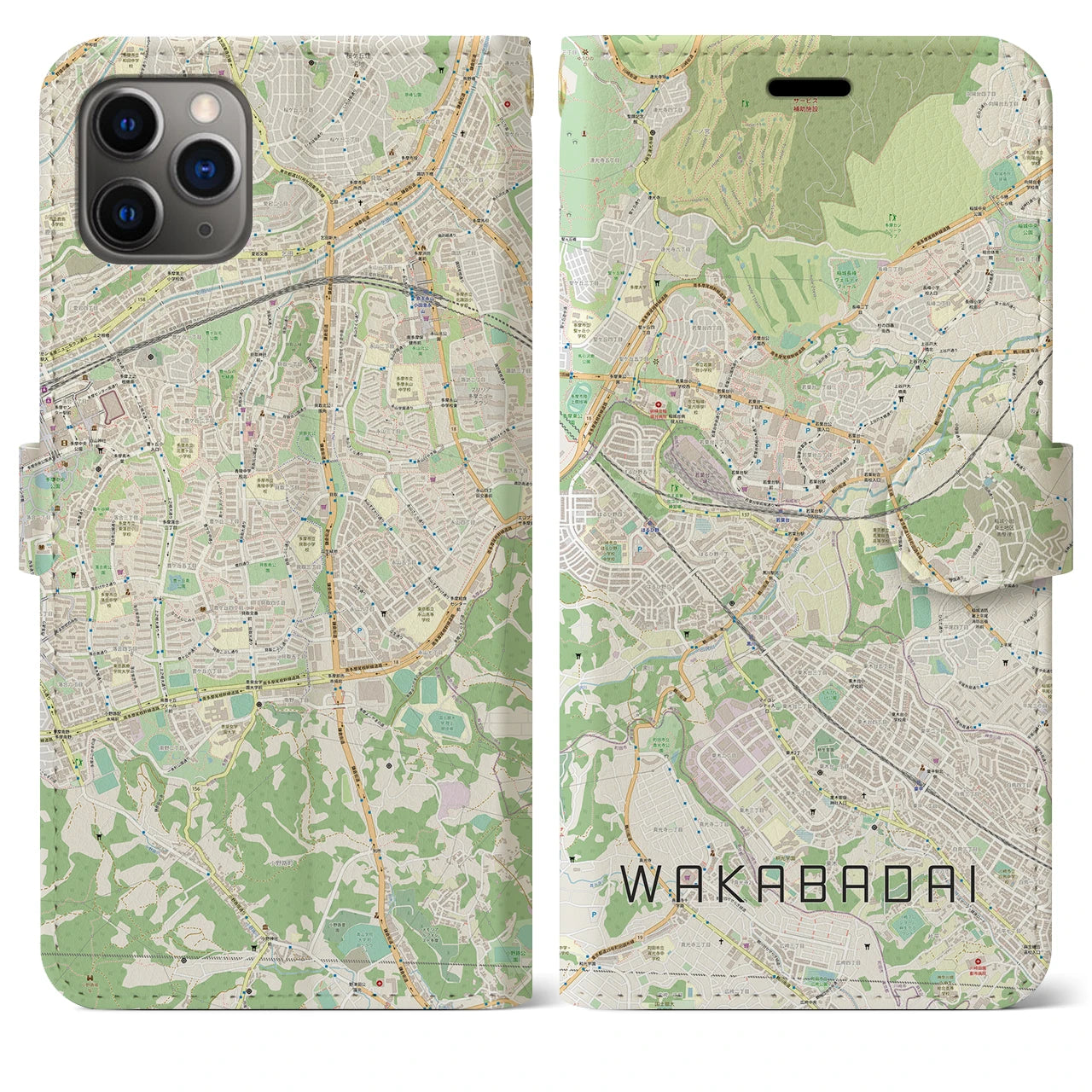 【若葉台（神奈川県）】地図柄iPhoneケース（手帳タイプ）ナチュラル・iPhone 11 Pro Max 用