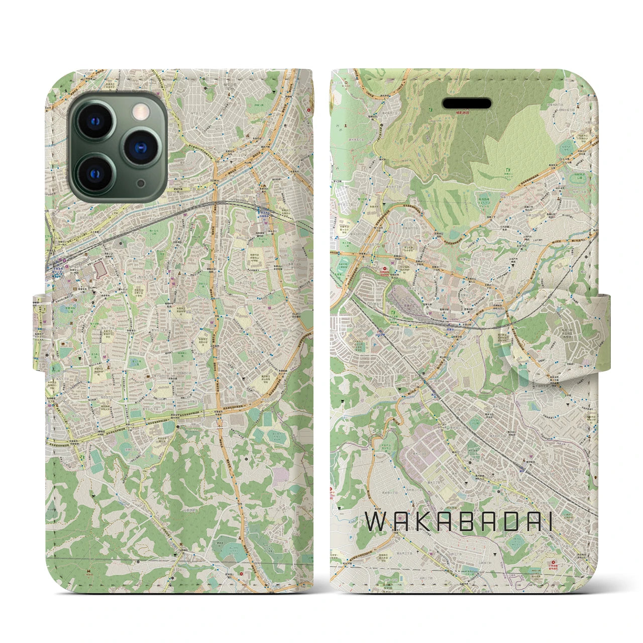 【若葉台（神奈川県）】地図柄iPhoneケース（手帳タイプ）ナチュラル・iPhone 11 Pro 用