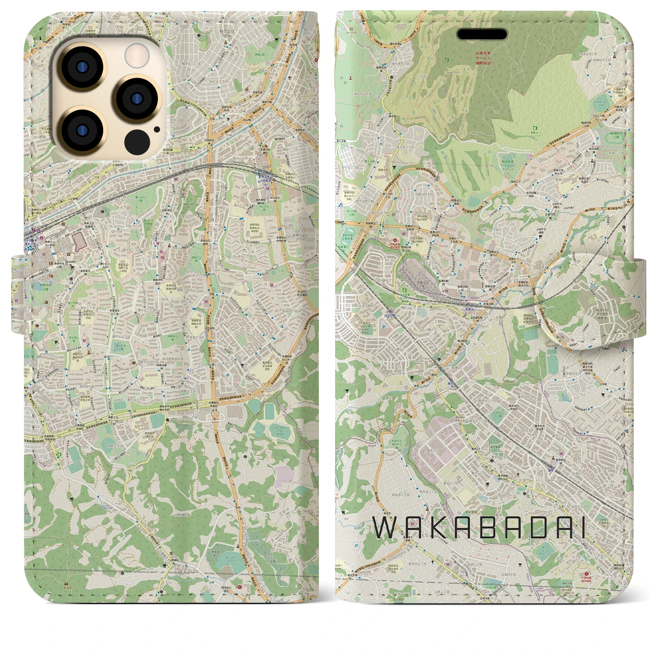 【若葉台（神奈川県）】地図柄iPhoneケース（手帳タイプ）ナチュラル・iPhone 12 Pro Max 用