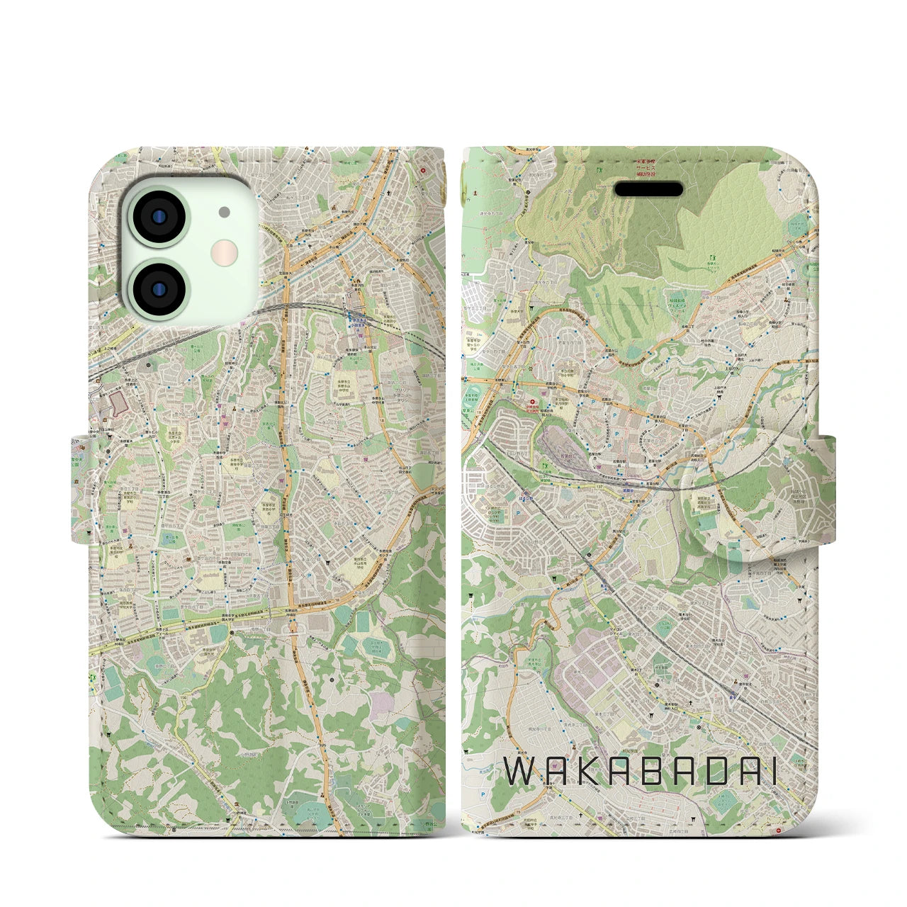 【若葉台（神奈川県）】地図柄iPhoneケース（手帳タイプ）ナチュラル・iPhone 12 mini 用