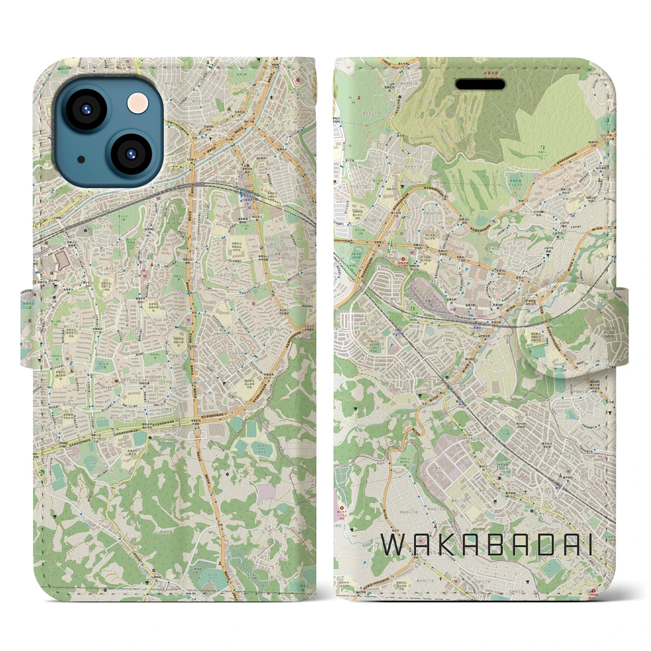 【若葉台（神奈川県）】地図柄iPhoneケース（手帳タイプ）ナチュラル・iPhone 13 用