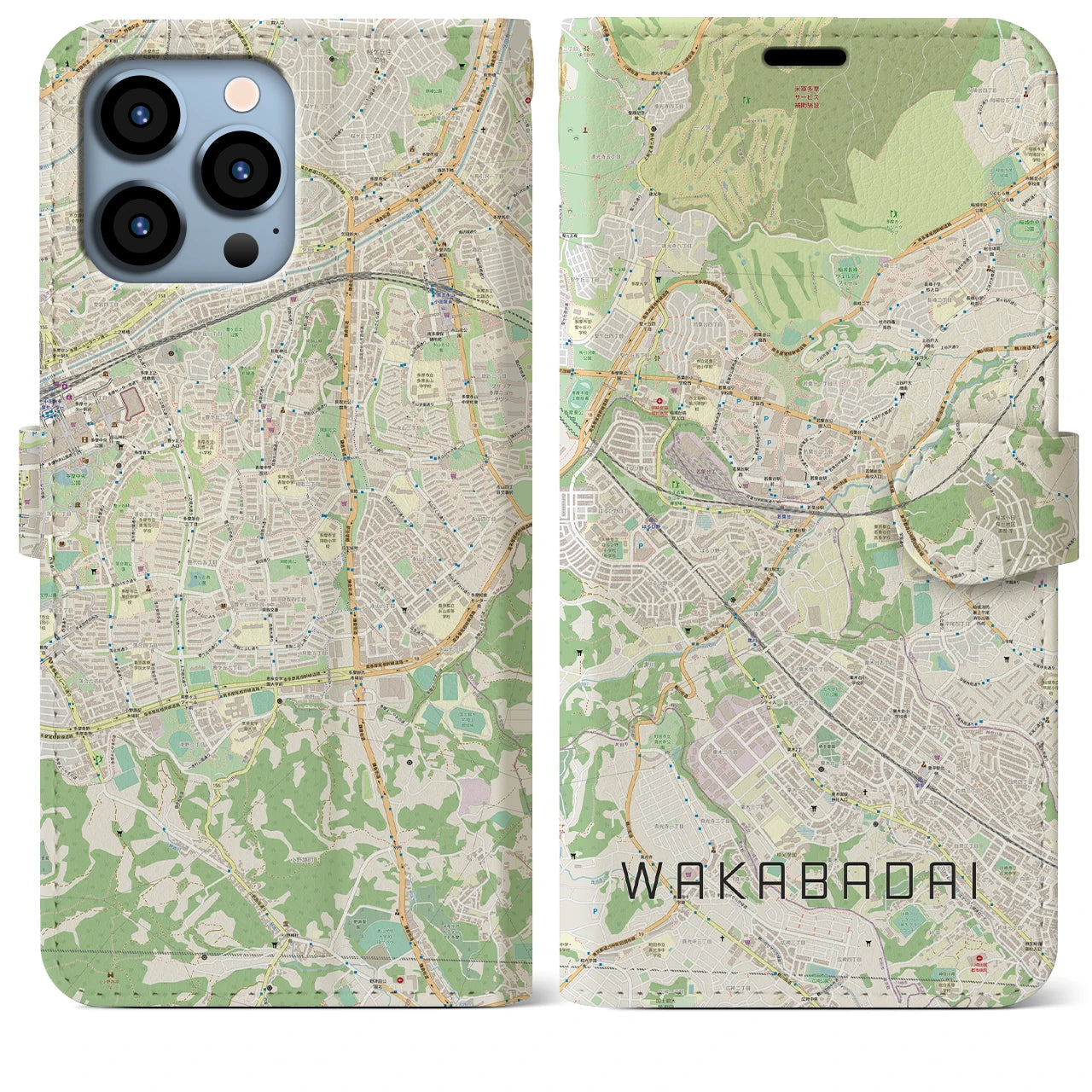 【若葉台（神奈川県）】地図柄iPhoneケース（手帳タイプ）ナチュラル・iPhone 13 Pro Max 用