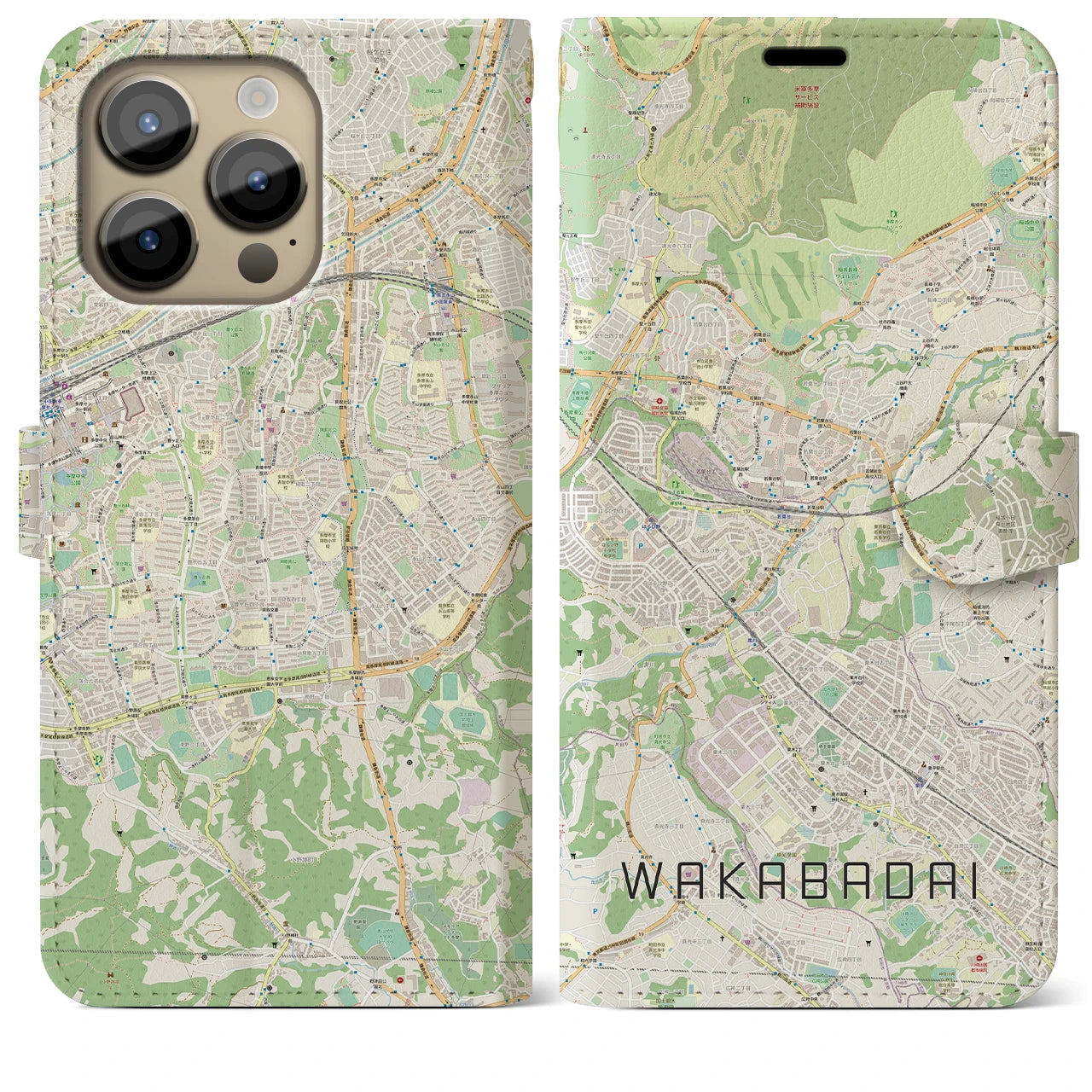 【若葉台（神奈川県）】地図柄iPhoneケース（手帳タイプ）ナチュラル・iPhone 14 Pro Max 用
