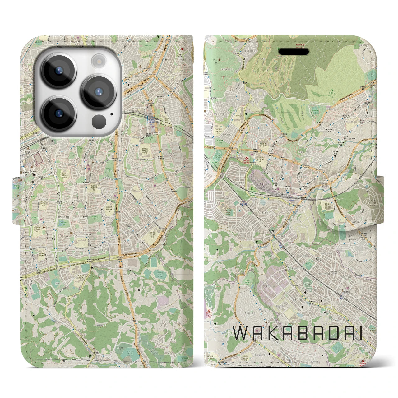 【若葉台（神奈川県）】地図柄iPhoneケース（手帳タイプ）ナチュラル・iPhone 14 Pro 用