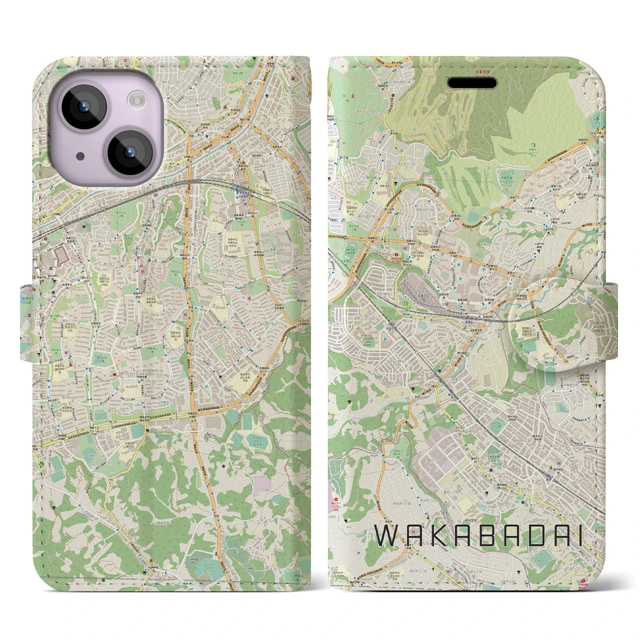 【若葉台（神奈川県）】地図柄iPhoneケース（手帳タイプ）ナチュラル・iPhone 14 用