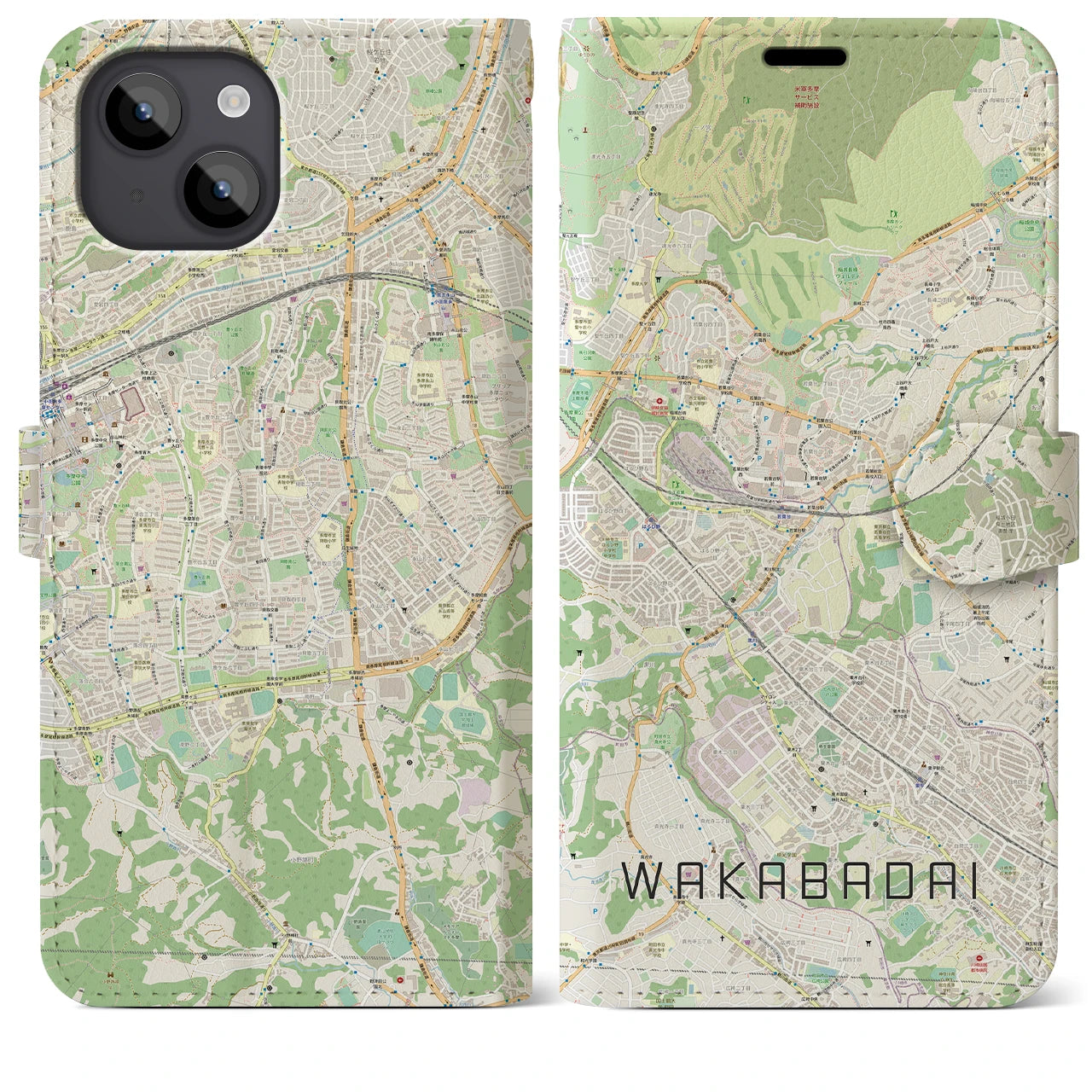 【若葉台（神奈川県）】地図柄iPhoneケース（手帳タイプ）ナチュラル・iPhone 14 Plus 用