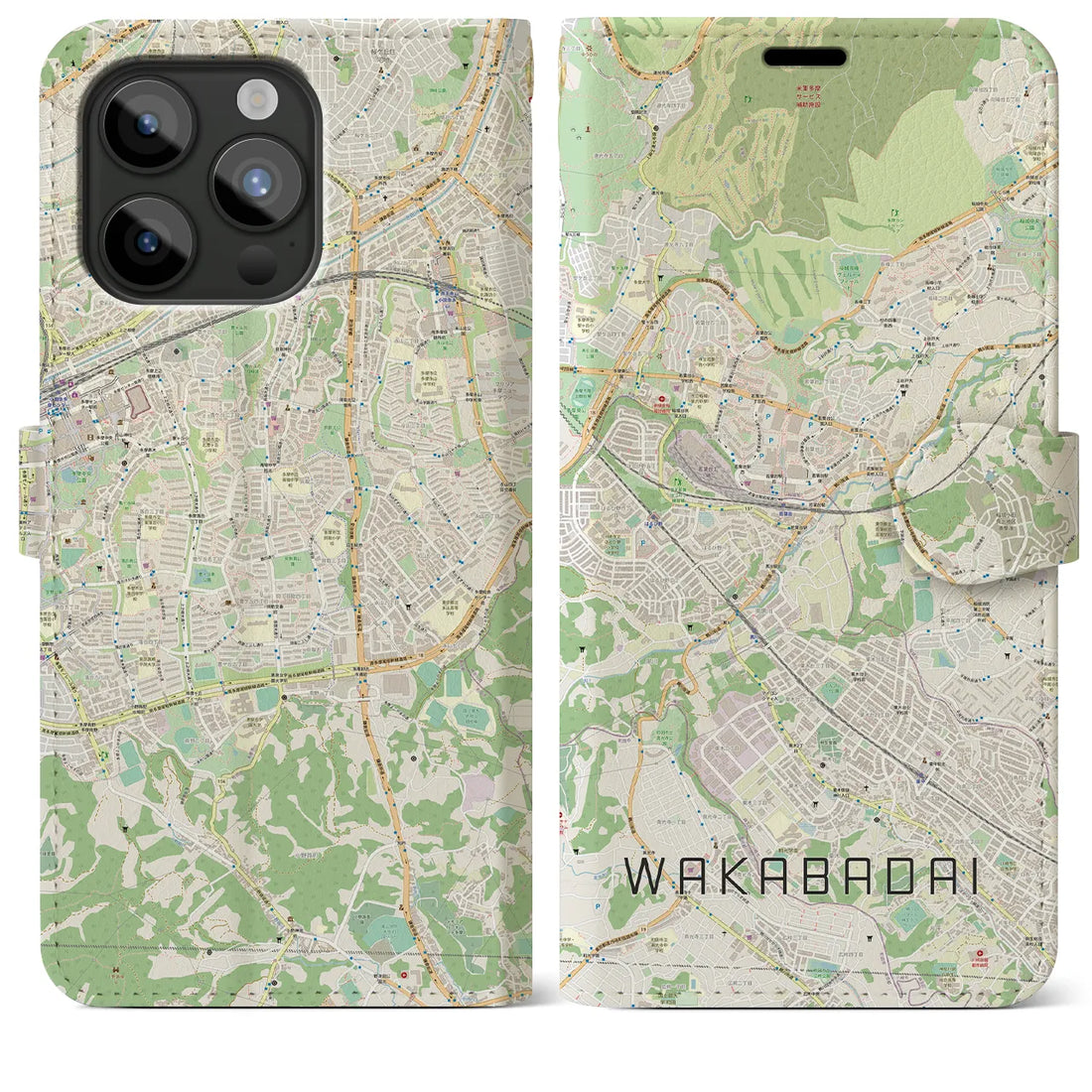 【若葉台】地図柄iPhoneケース（手帳両面タイプ・ナチュラル）iPhone 15 Pro Max 用