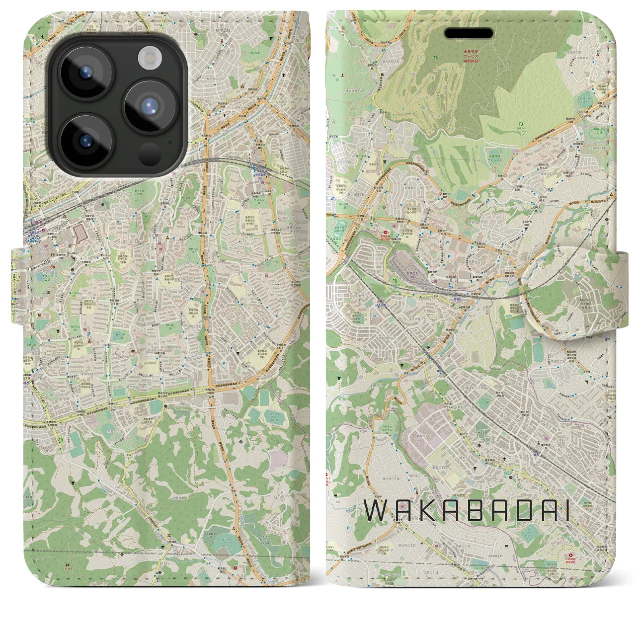 【若葉台（神奈川県）】地図柄iPhoneケース（手帳タイプ）ナチュラル・iPhone 15 Pro Max 用