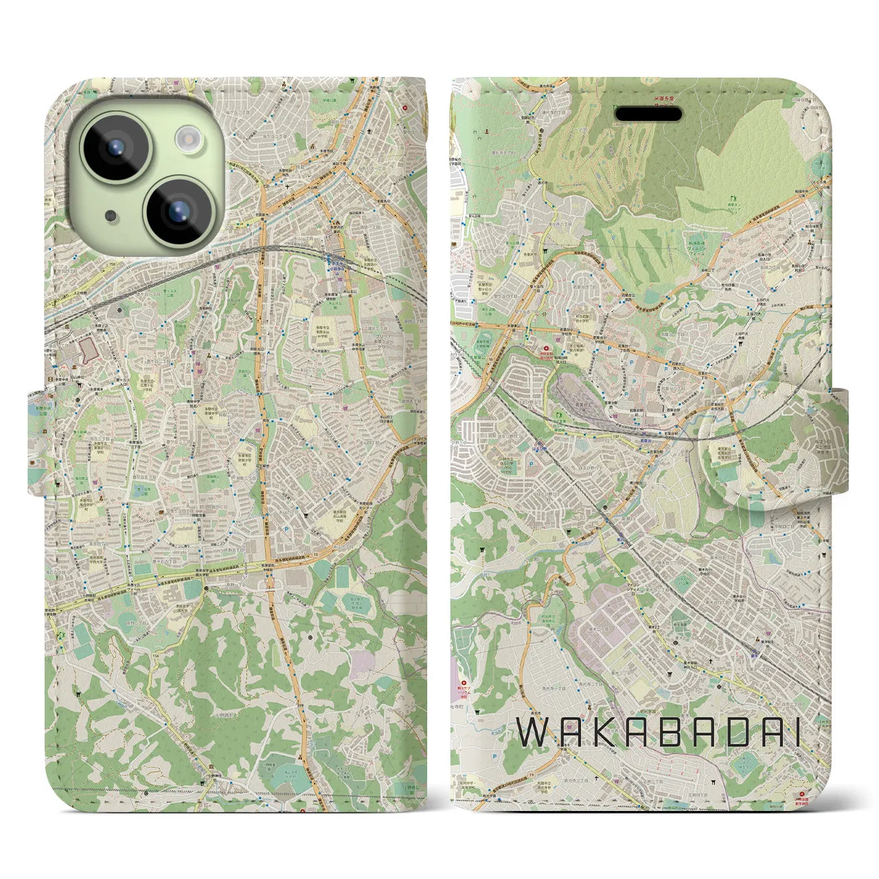 【若葉台（神奈川県）】地図柄iPhoneケース（手帳タイプ）ナチュラル・iPhone 15 用