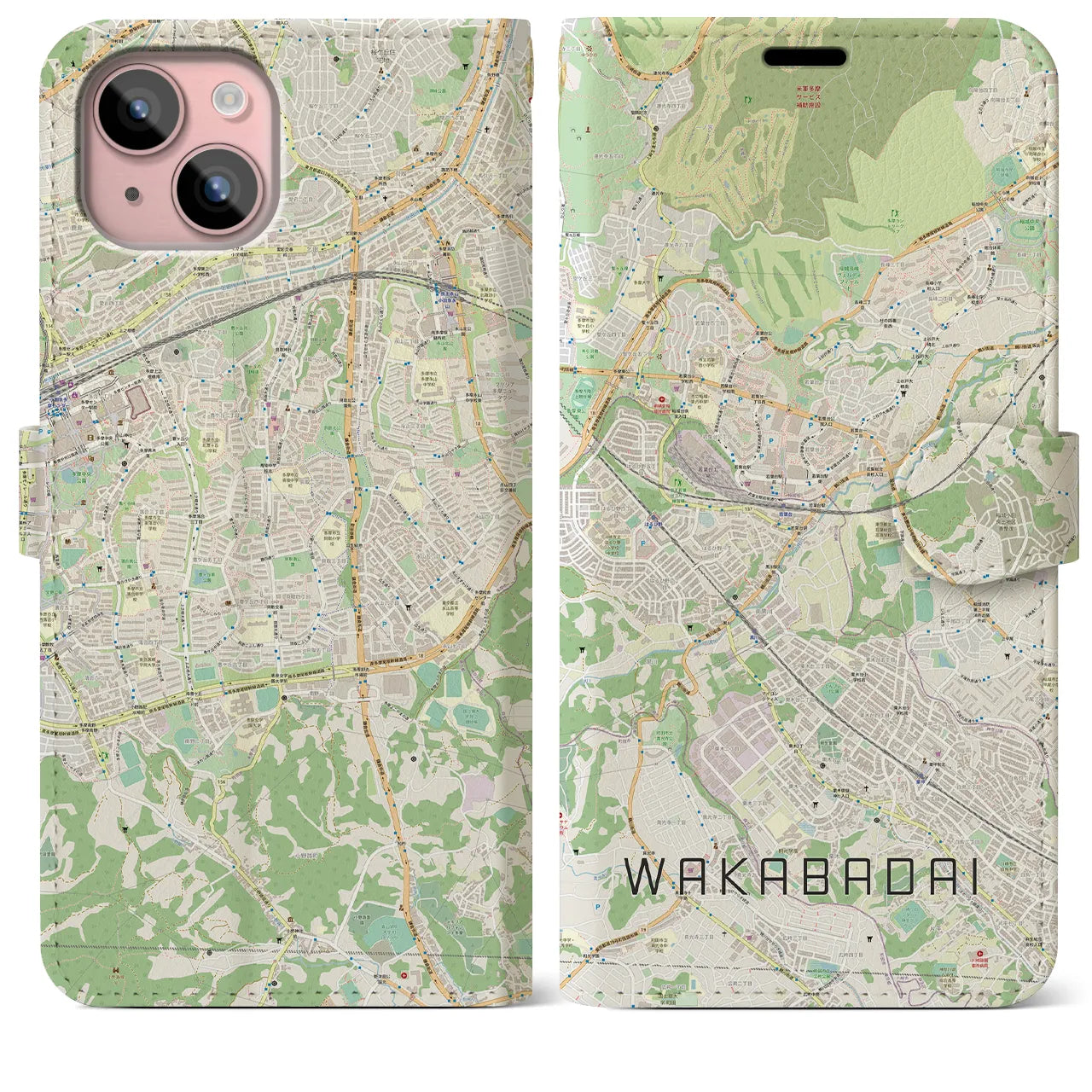 【若葉台（神奈川県）】地図柄iPhoneケース（手帳タイプ）ナチュラル・iPhone 15 Plus 用