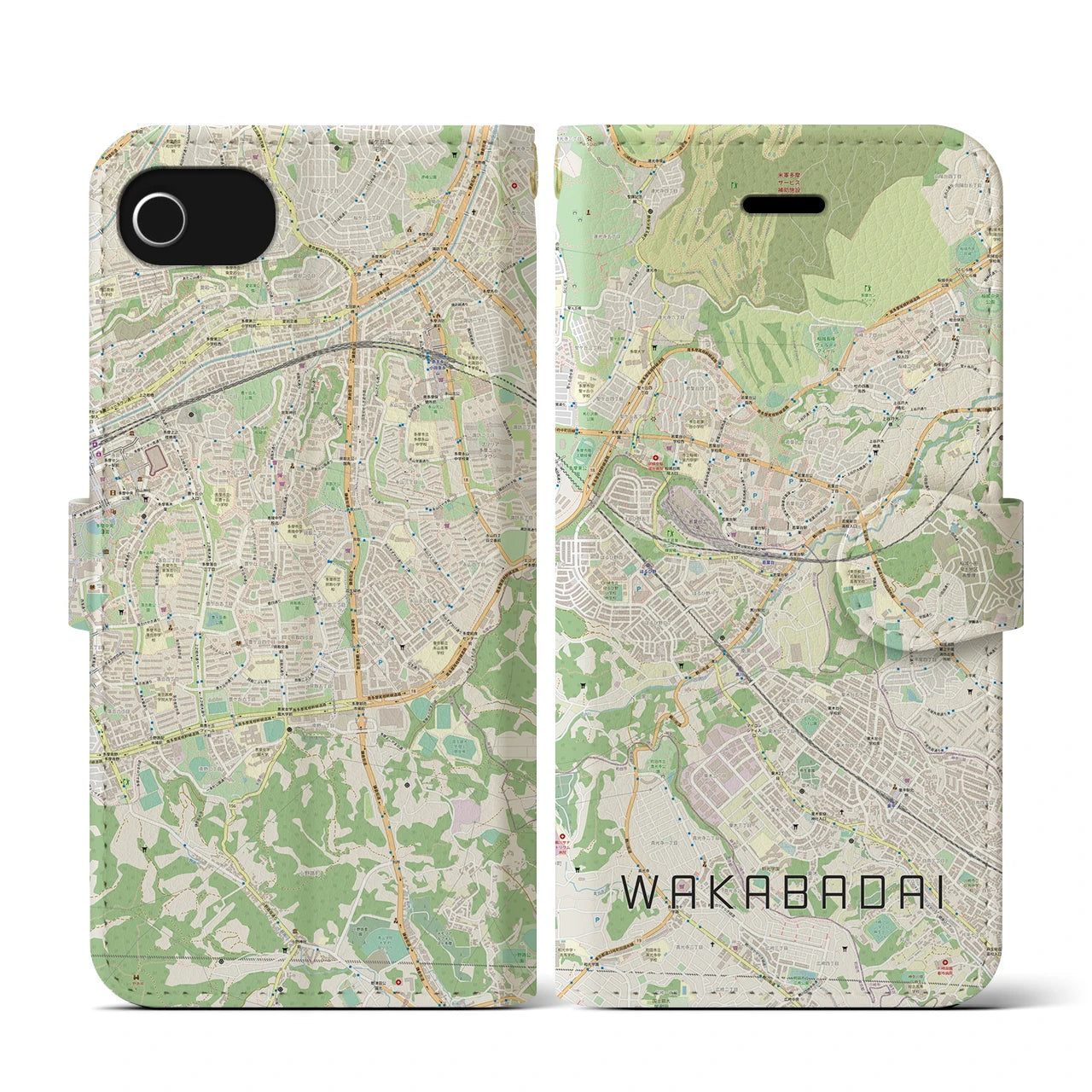 【若葉台（神奈川県）】地図柄iPhoneケース（手帳タイプ）ナチュラル・iPhone SE（第3 / 第2世代） / 8 / 7 / 6s / 6 用