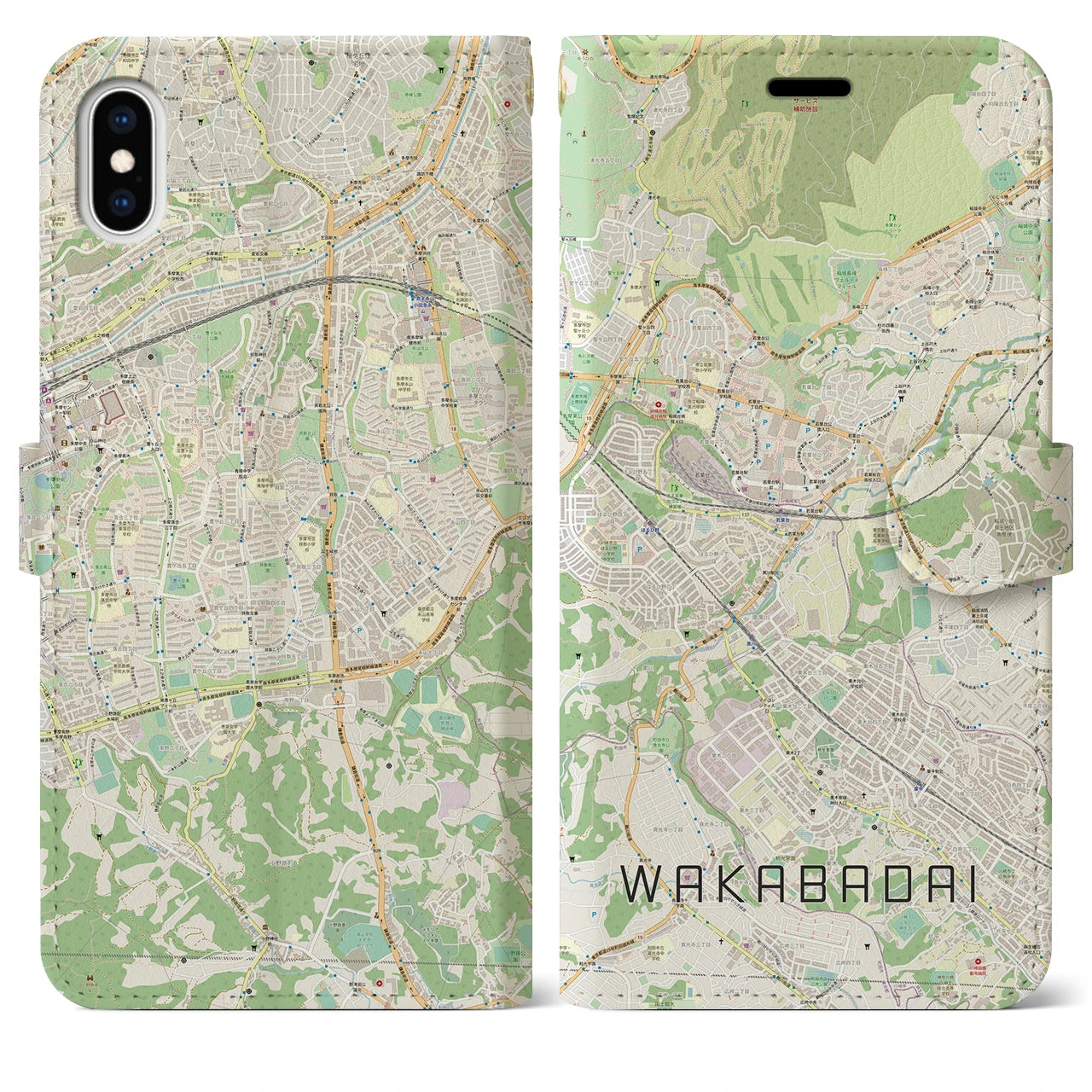 【若葉台（神奈川県）】地図柄iPhoneケース（手帳タイプ）ナチュラル・iPhone XS Max 用