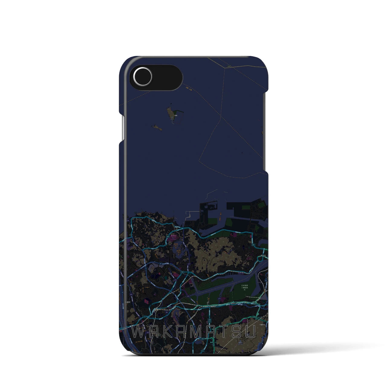 【若松】地図柄iPhoneケース（バックカバータイプ・ブラック）iPhone SE（第3 / 第2世代） / 8 / 7 / 6s / 6 用