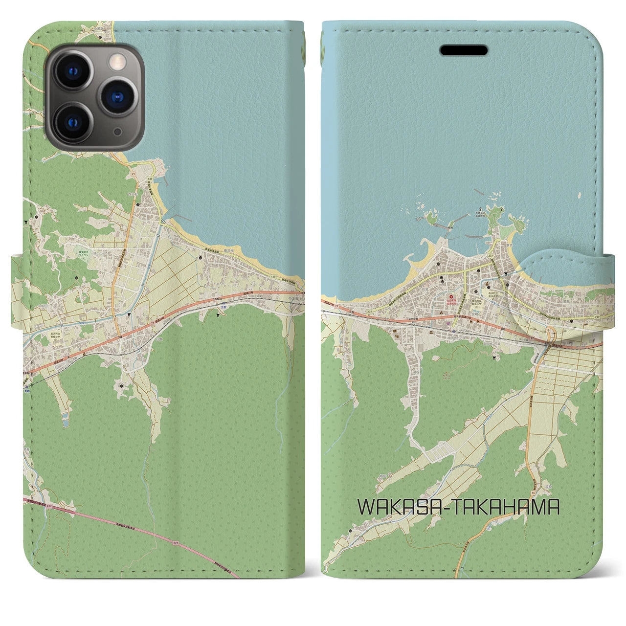 【若狭高浜】地図柄iPhoneケース（手帳両面タイプ・ナチュラル）iPhone 11 Pro Max 用