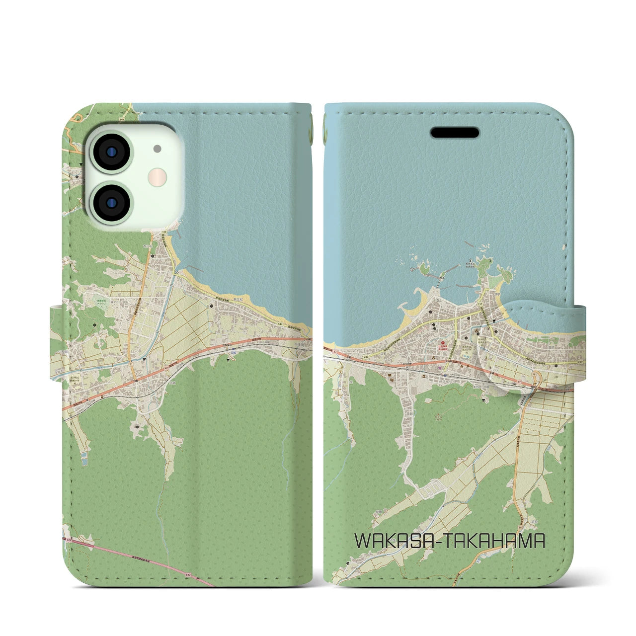 【若狭高浜】地図柄iPhoneケース（手帳両面タイプ・ナチュラル）iPhone 12 mini 用