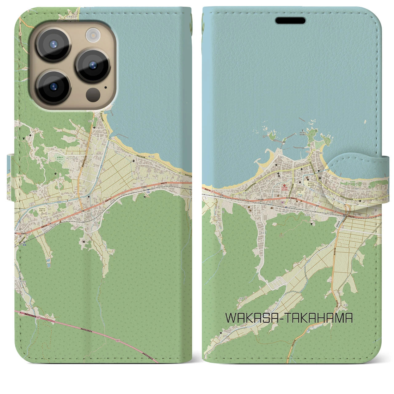 【若狭高浜】地図柄iPhoneケース（手帳両面タイプ・ナチュラル）iPhone 14 Pro Max 用