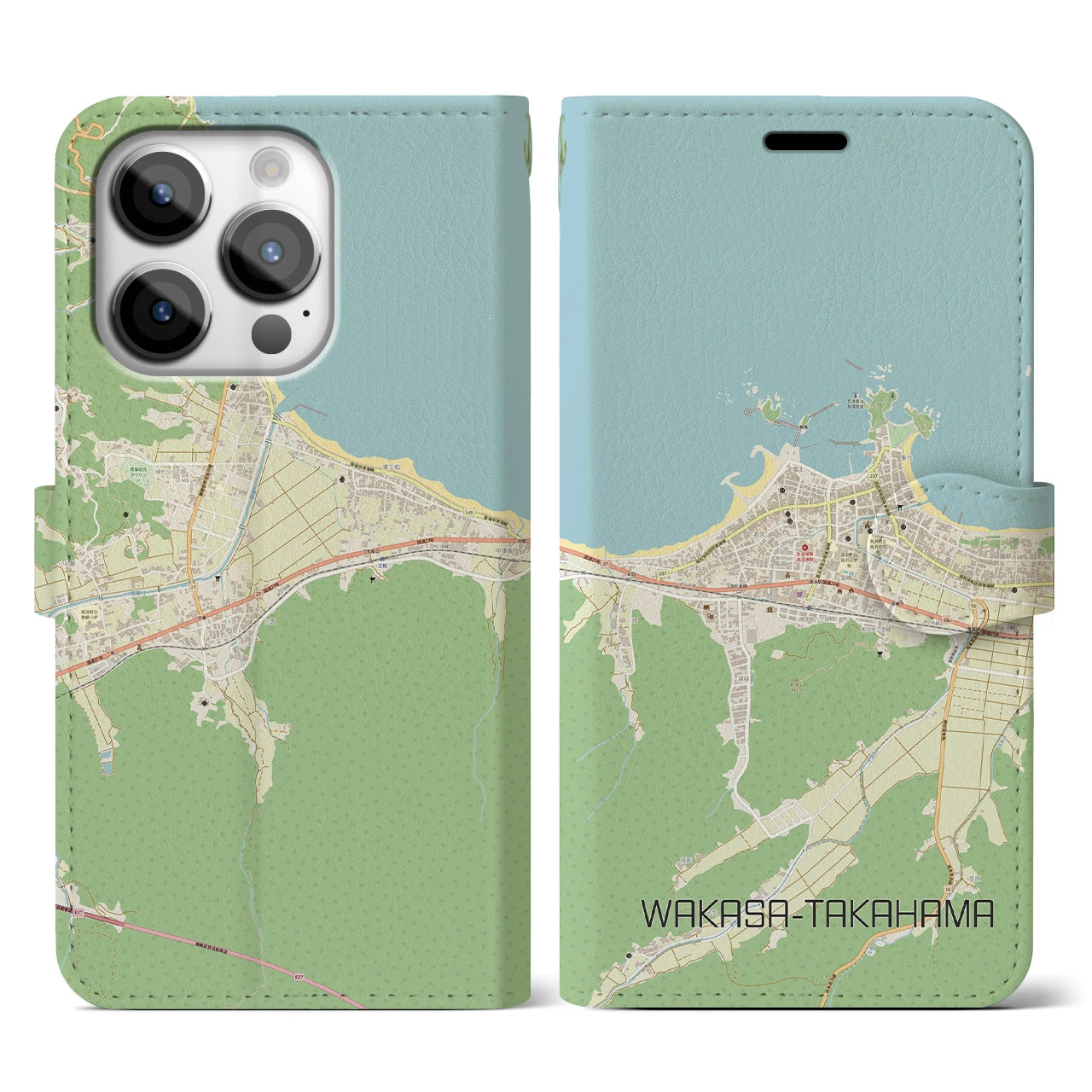 【若狭高浜】地図柄iPhoneケース（手帳両面タイプ・ナチュラル）iPhone 14 Pro 用