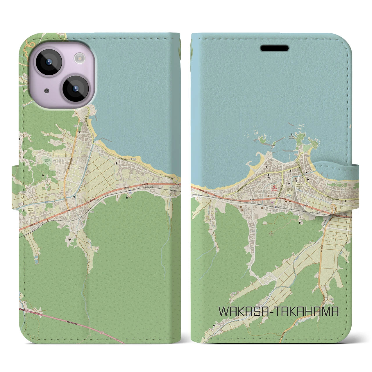 【若狭高浜】地図柄iPhoneケース（手帳両面タイプ・ナチュラル）iPhone 14 用