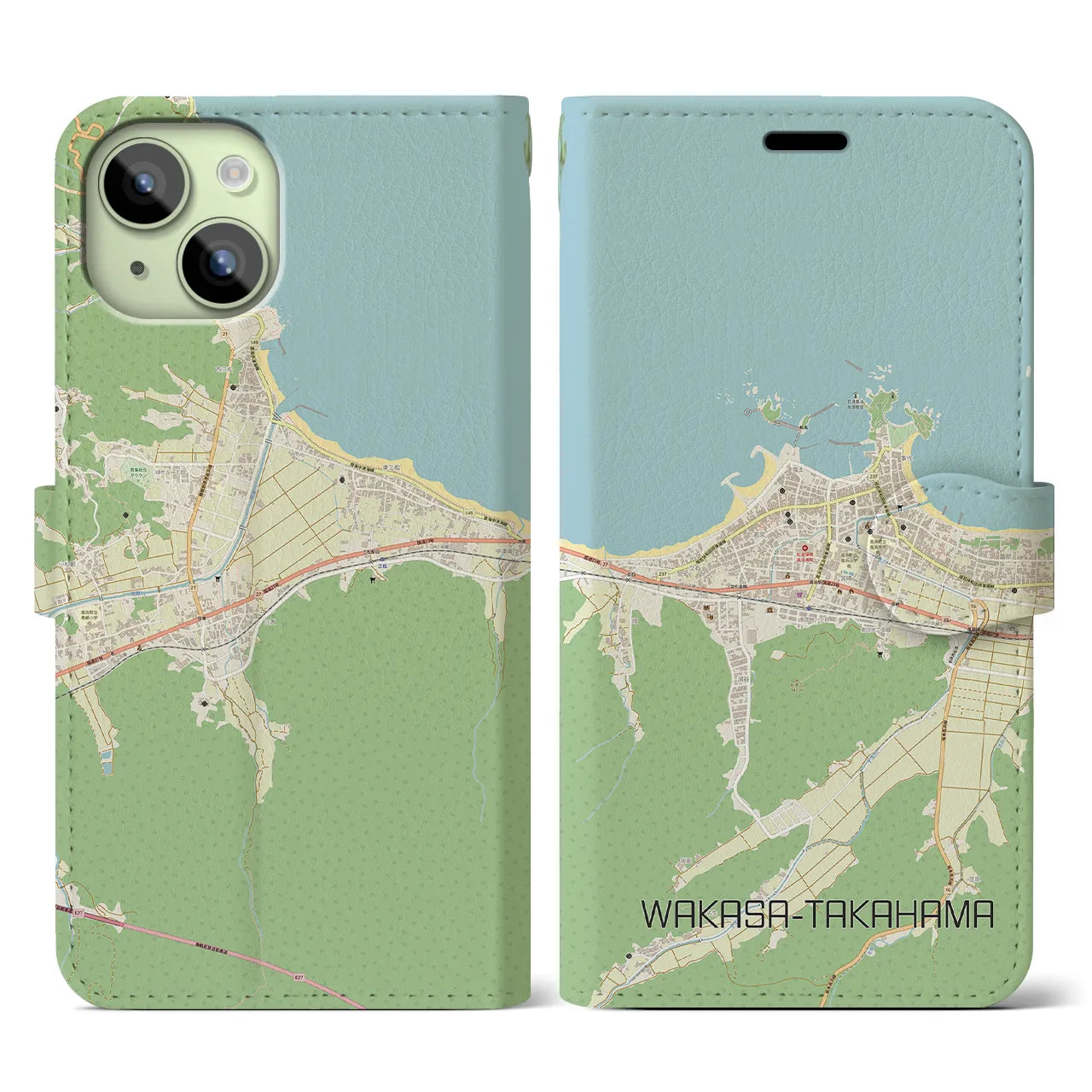 【若狭高浜】地図柄iPhoneケース（手帳両面タイプ・ナチュラル）iPhone 15 用