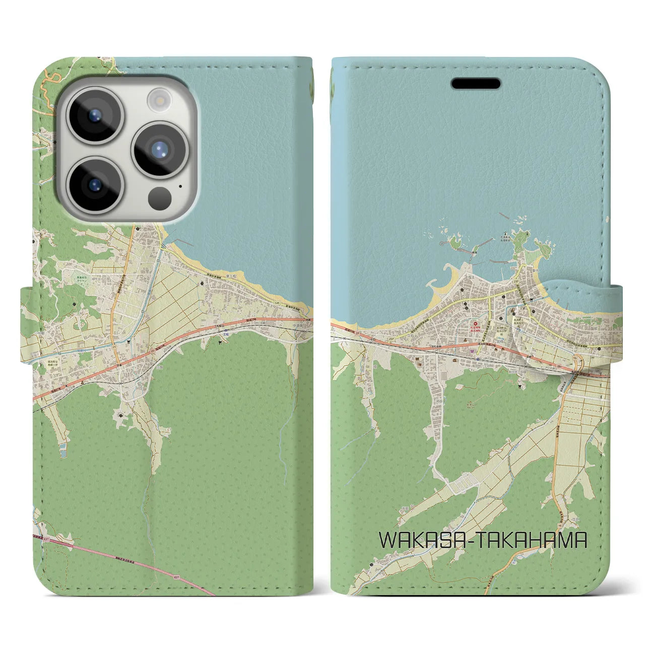 【若狭高浜】地図柄iPhoneケース（手帳両面タイプ・ナチュラル）iPhone 15 Pro 用