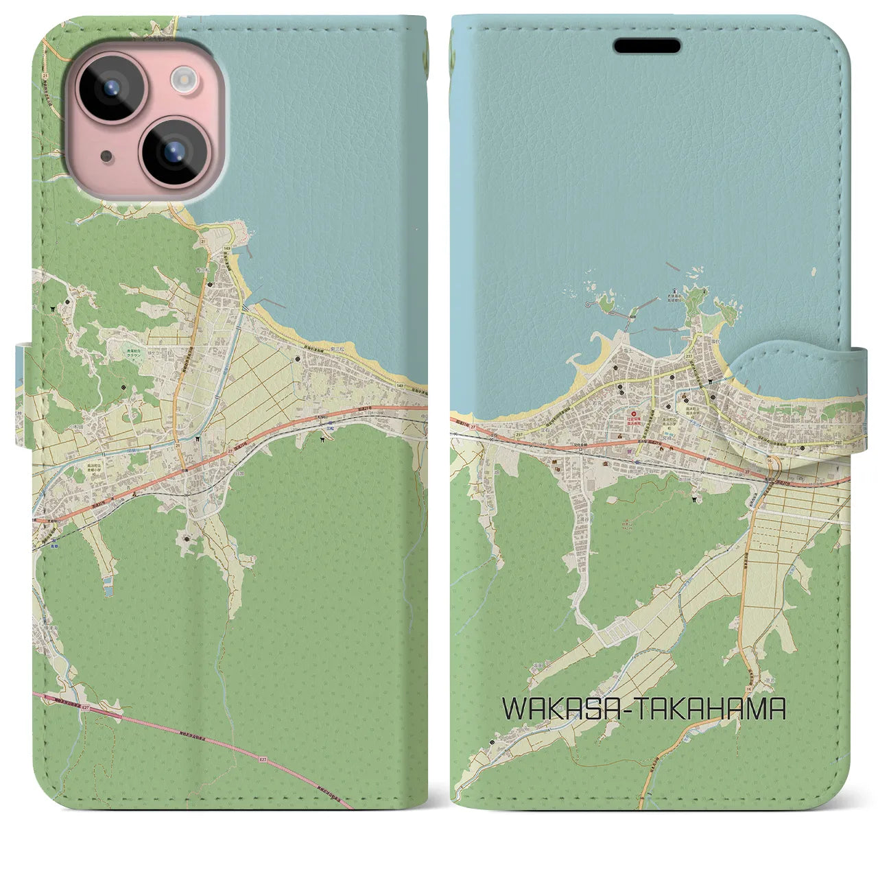 【若狭高浜】地図柄iPhoneケース（手帳両面タイプ・ナチュラル）iPhone 15 Plus 用