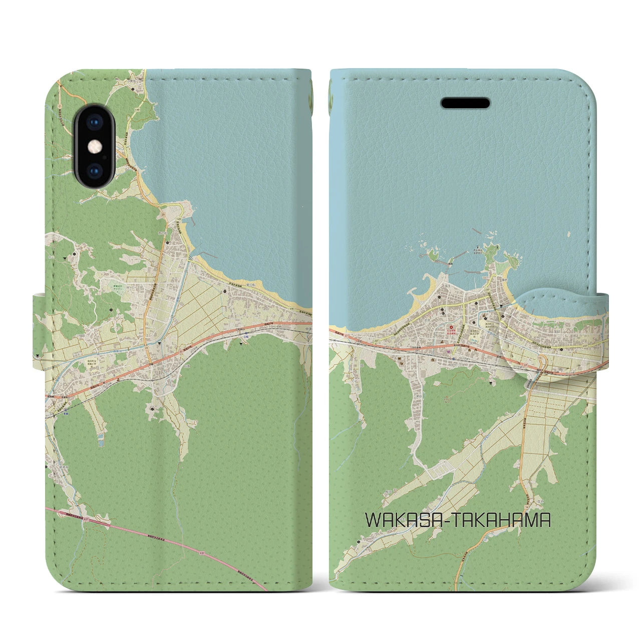 【若狭高浜】地図柄iPhoneケース（手帳両面タイプ・ナチュラル）iPhone XS / X 用