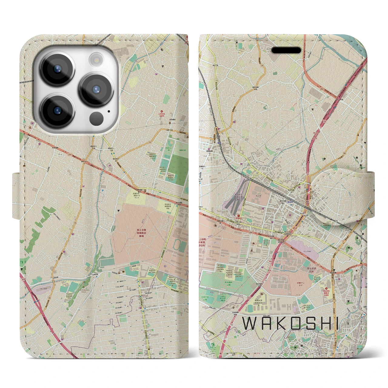 【和光市】地図柄iPhoneケース（手帳両面タイプ・ナチュラル）iPhone 14 Pro 用