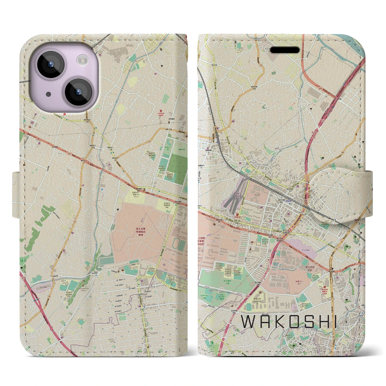 【和光市】地図柄iPhoneケース（手帳両面タイプ・ナチュラル）iPhone 14 用