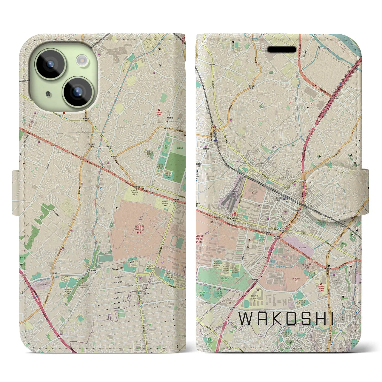 【和光市】地図柄iPhoneケース（手帳両面タイプ・ナチュラル）iPhone 15 用