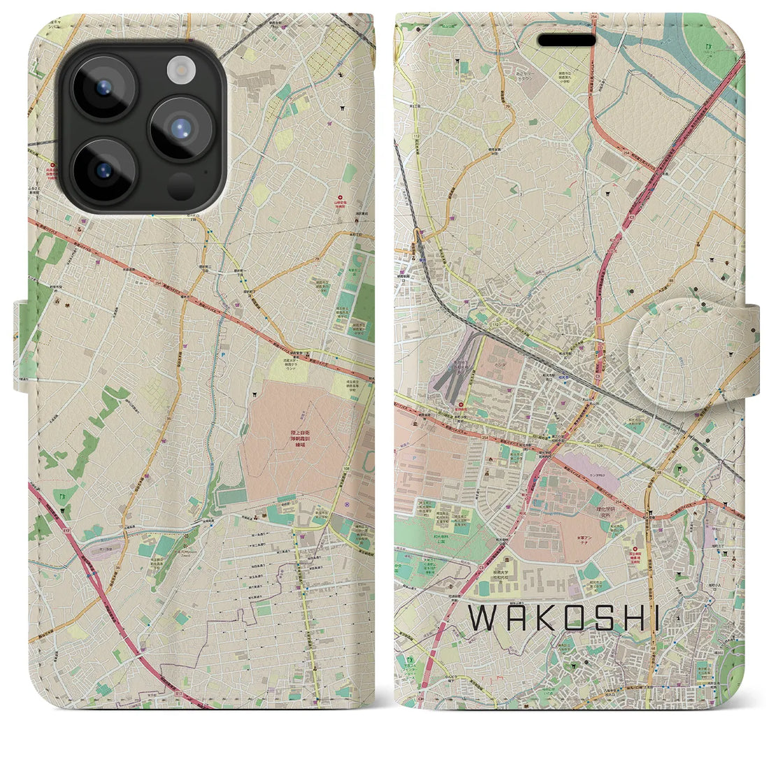 【和光市】地図柄iPhoneケース（手帳両面タイプ・ナチュラル）iPhone 15 Pro Max 用