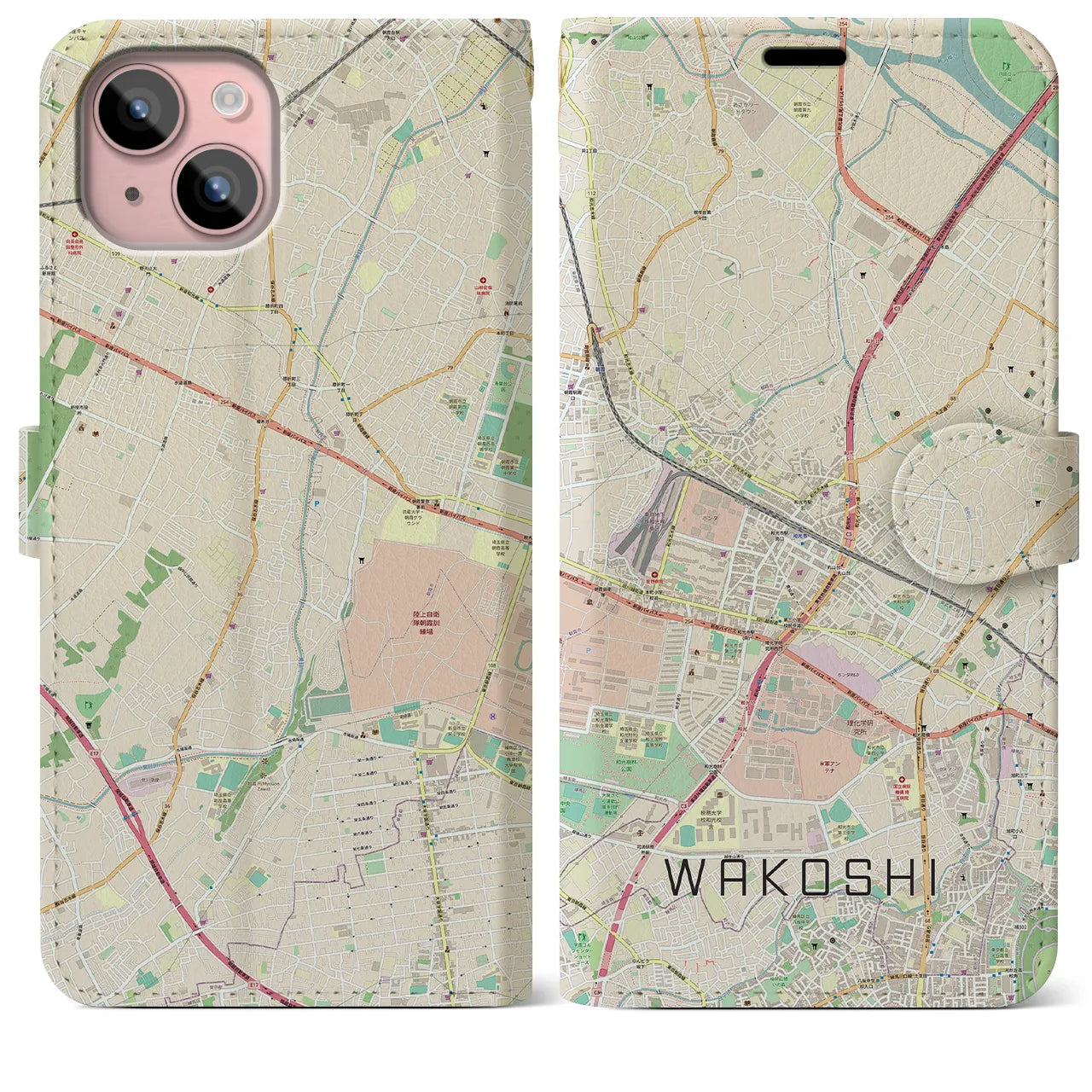 【和光市】地図柄iPhoneケース（手帳両面タイプ・ナチュラル）iPhone 15 Plus 用