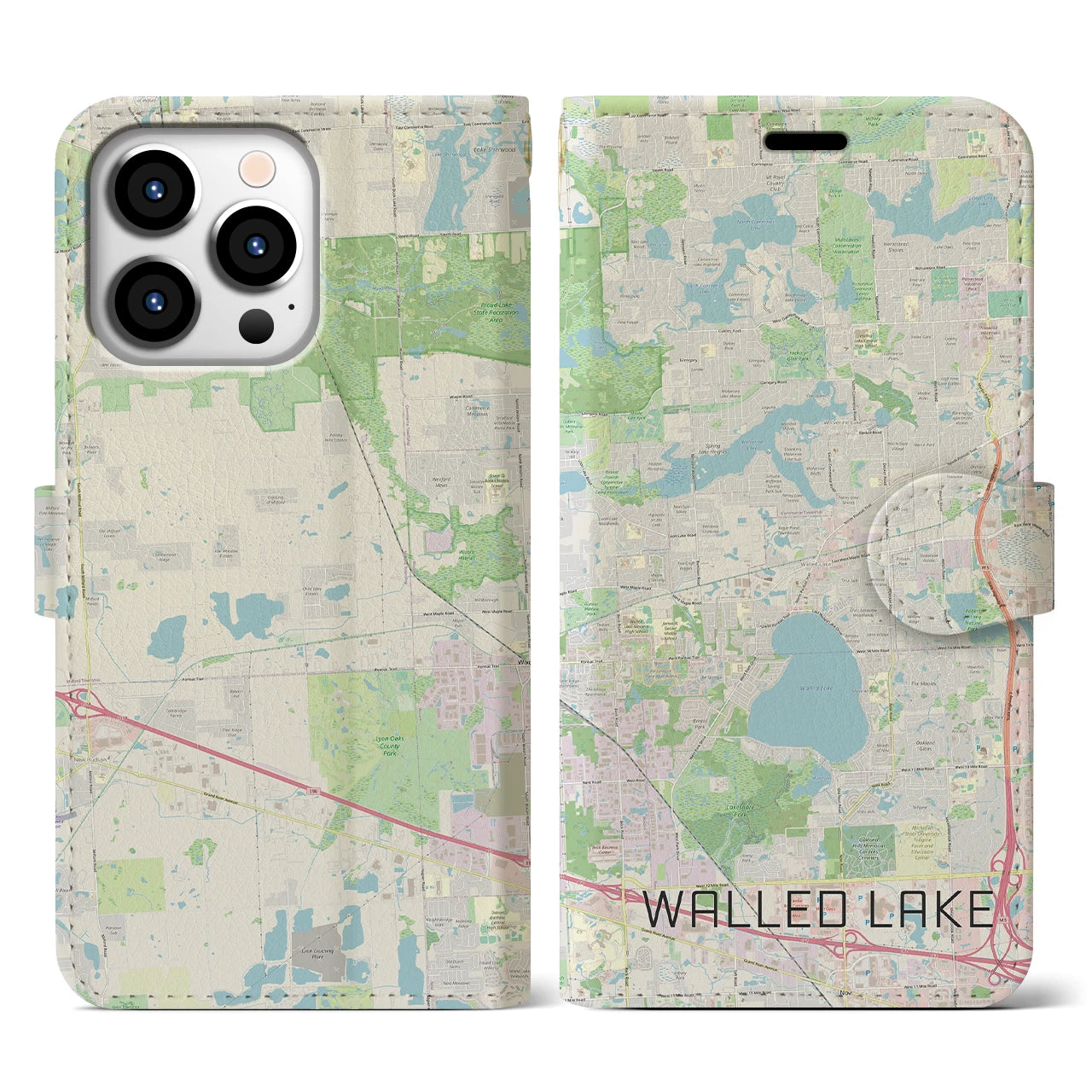 【ウォールドレイク】地図柄iPhoneケース（手帳両面タイプ・ナチュラル）iPhone 13 Pro 用