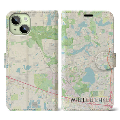 【ウォールドレイク（アメリカ）】地図柄iPhoneケース（手帳タイプ）ナチュラル・iPhone 15 用