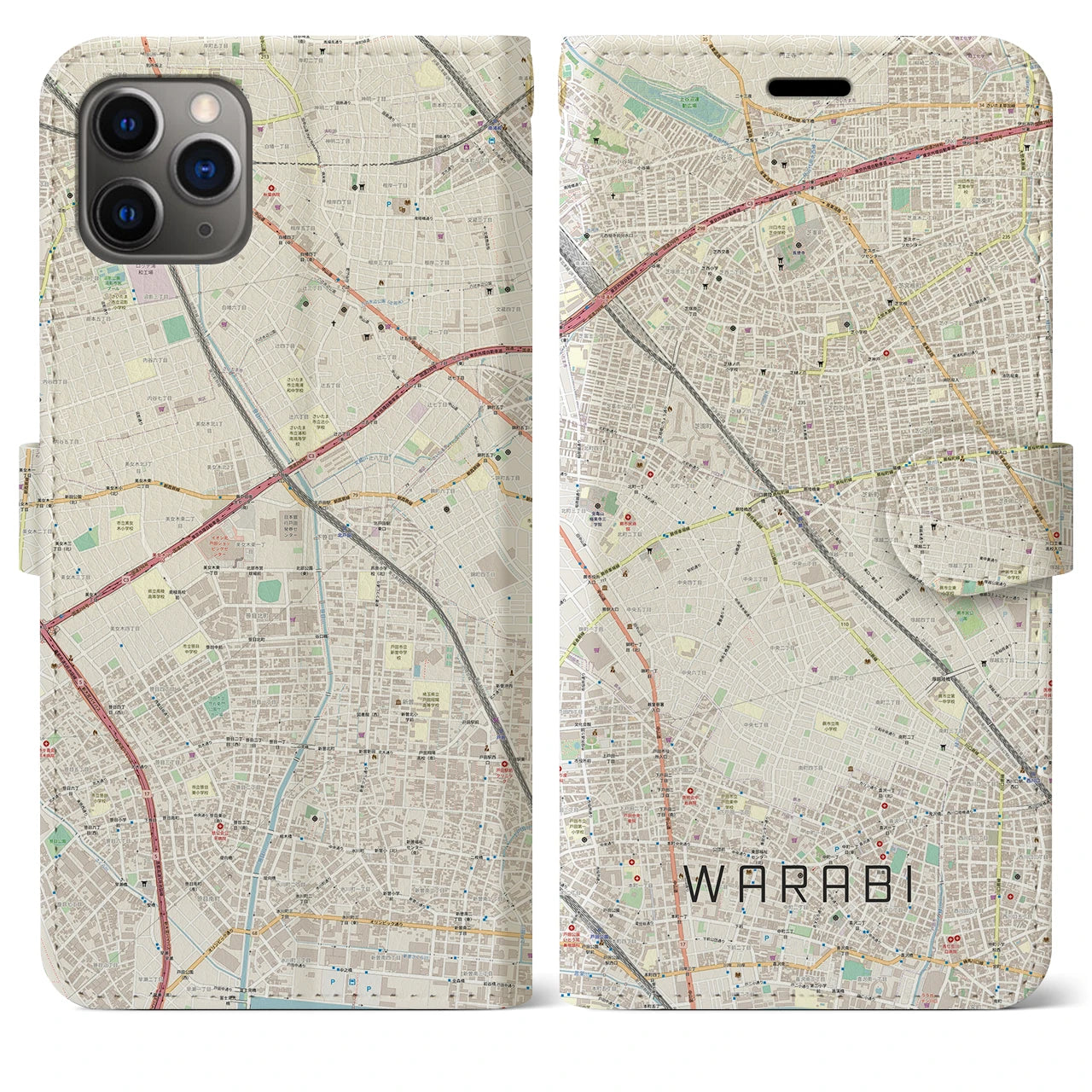 【蕨】地図柄iPhoneケース（手帳両面タイプ・ナチュラル）iPhone 11 Pro Max 用