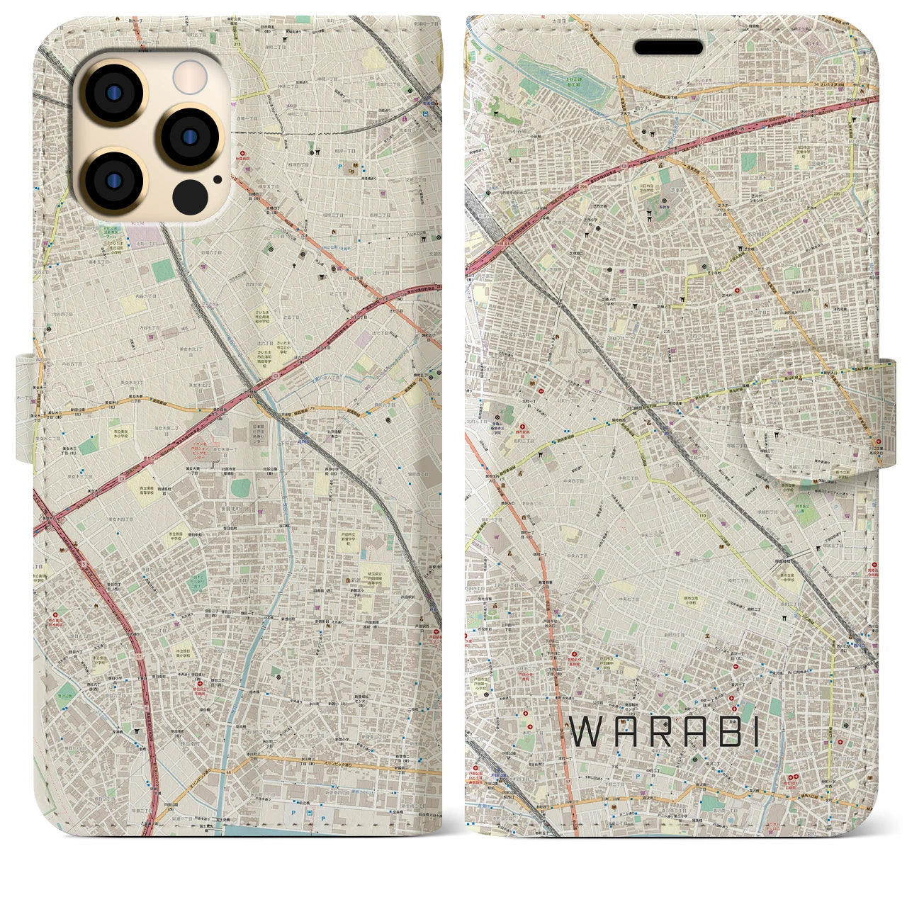 【蕨】地図柄iPhoneケース（手帳両面タイプ・ナチュラル）iPhone 12 Pro Max 用