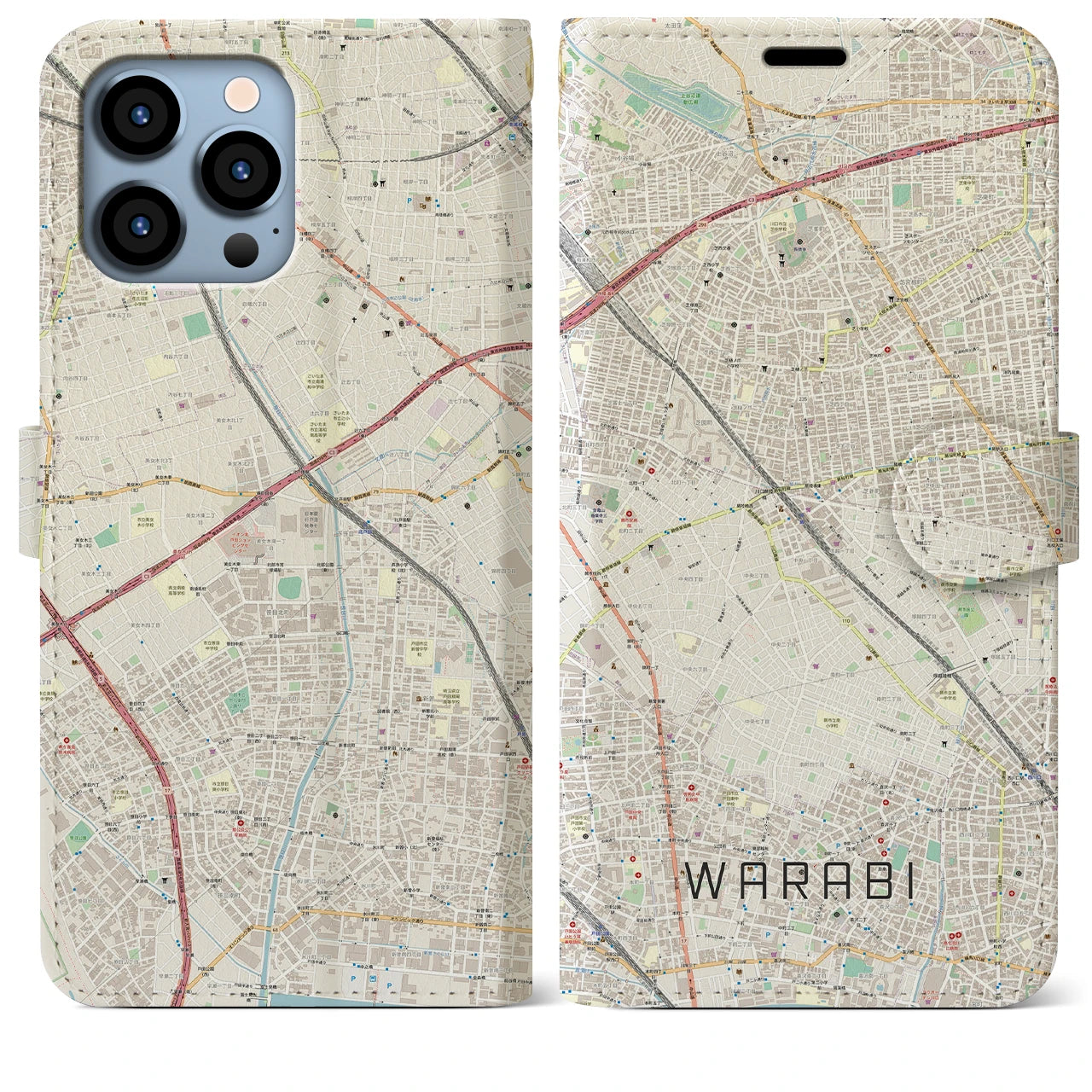 【蕨】地図柄iPhoneケース（手帳両面タイプ・ナチュラル）iPhone 13 Pro Max 用