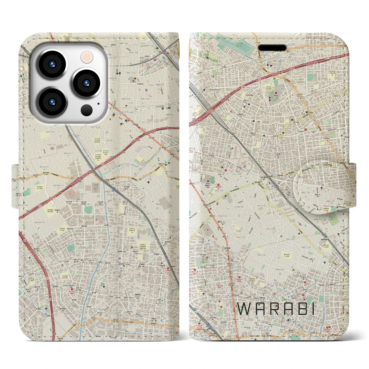 【蕨】地図柄iPhoneケース（手帳両面タイプ・ナチュラル）iPhone 13 Pro 用