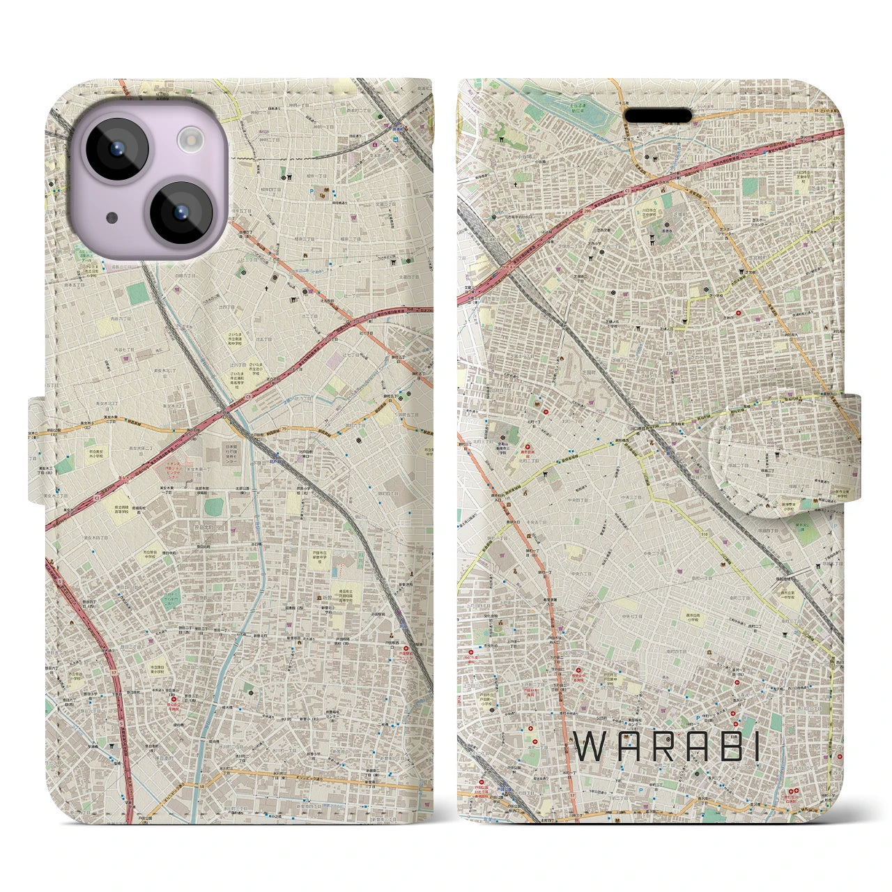 【蕨】地図柄iPhoneケース（手帳両面タイプ・ナチュラル）iPhone 14 用