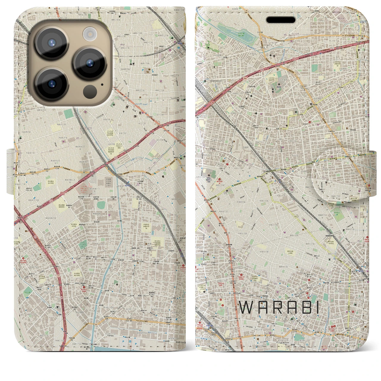 【蕨】地図柄iPhoneケース（手帳両面タイプ・ナチュラル）iPhone 14 Pro Max 用