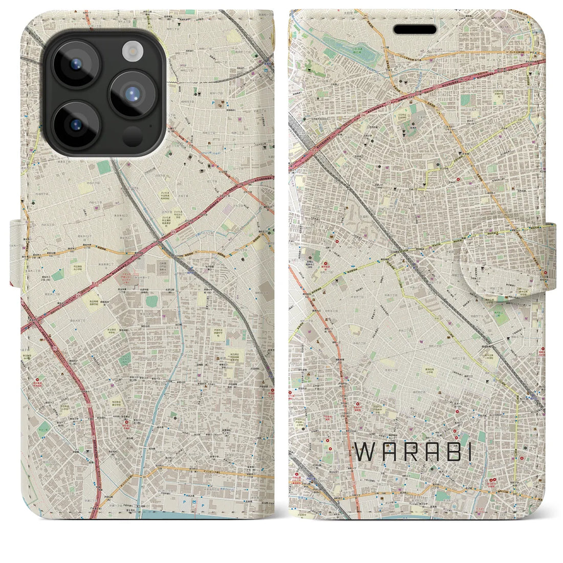 【蕨】地図柄iPhoneケース（手帳両面タイプ・ナチュラル）iPhone 15 Pro Max 用